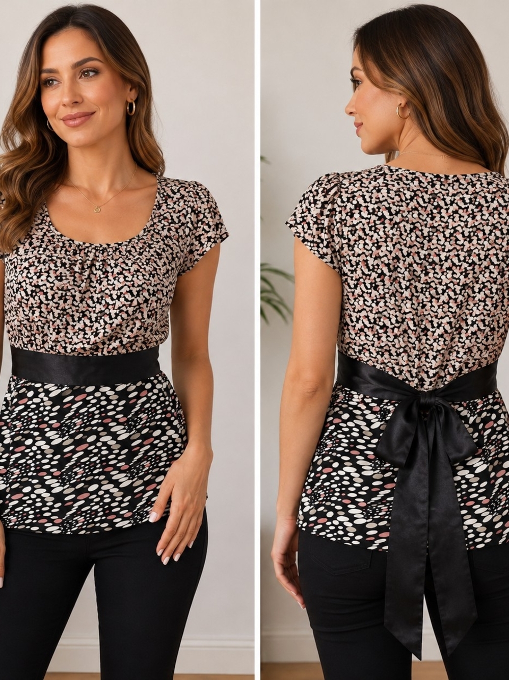 Apt. 9 Women's L Abstract Dot Print Tie Back Lined Blouse Top